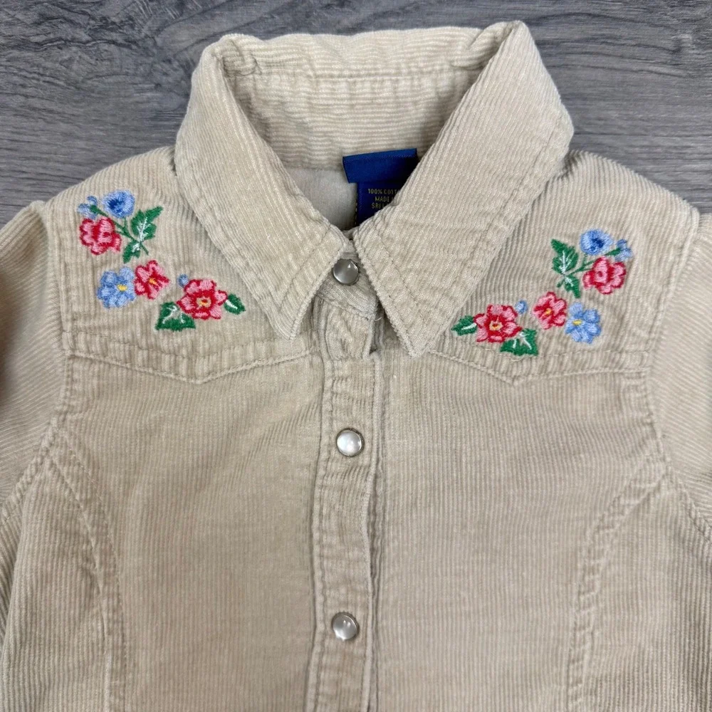 OshKosh Pearl Snap Floral Embroidered Beige Corduroy Dress Girls Size 4 Y2K‎